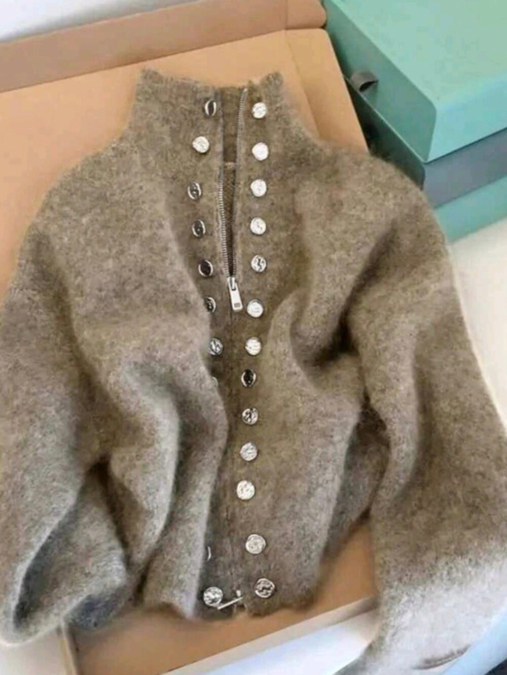 Women's Knitted High Neck Cardigan Long Sleeve Ribbed Two-Way Zipper Faux Button